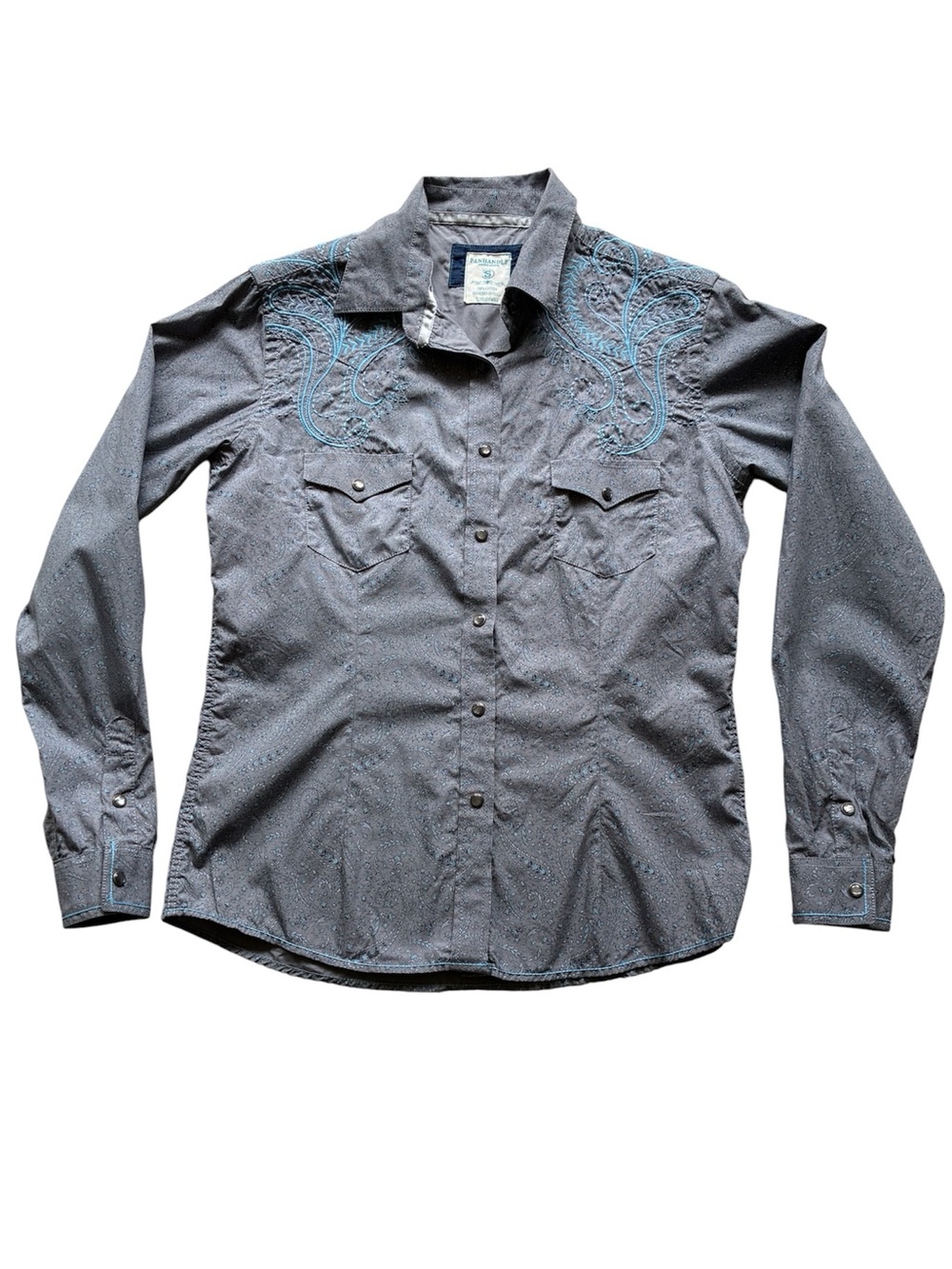 Panhandle Slim Rough Stock Women's Gray Aqua Floral Western Shirt Size Small